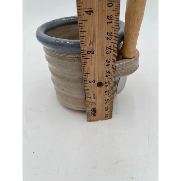 Handcrafted Clay Butter Cheese Crock With Wooden Knife Holder & Blue Rim - Picture 2 of 5